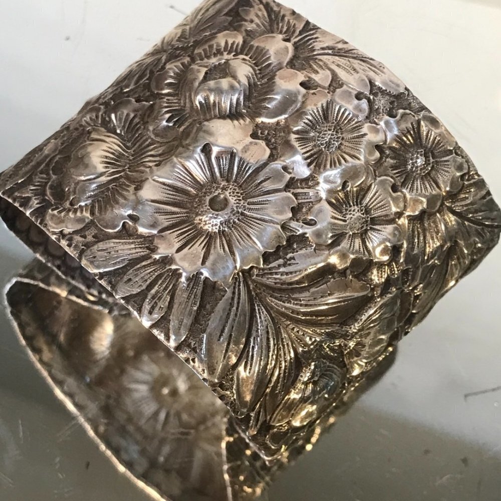 Sterling Silver Spoon Ring Cuff Bracelet Floral Victorian 925 Wide Antique .925